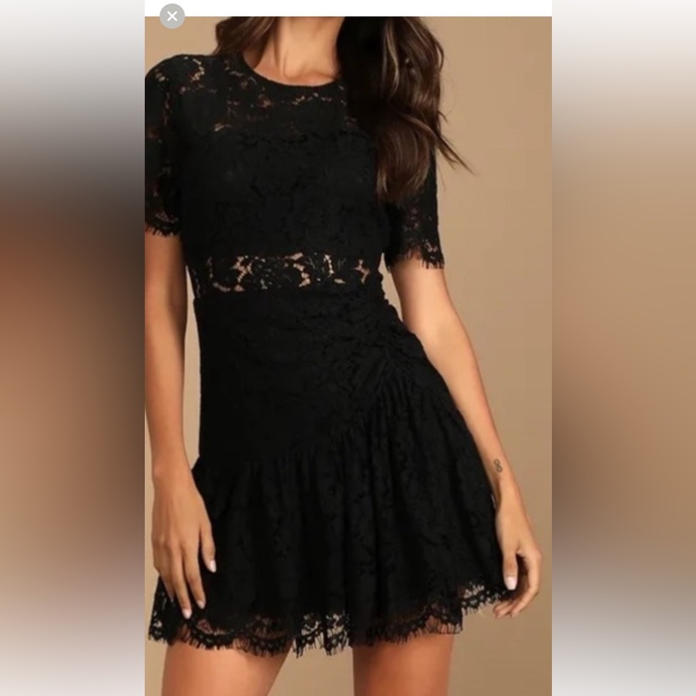 Lulus Celebratory Looks Black Lace Short Sleeve Dress XL